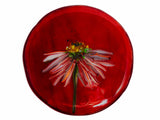 close up image of a round glass coaster showing the top design of the image of echinacea flower on a red background. image is on a white background.