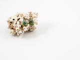 flameworked glass earring studs shaped like mussel shells in a sea green colour.