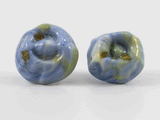 360 degree detail view of barnacle earrings with stainless steel ear stud. Blue-green glass with brass mesh details.
