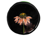 close up image of a round glass coaster showing the top design of the image of an echinacea flower on a black background. image is on a white background.