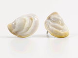 360 degree detail view of mussel shell shaped flameworked glass earrings, in ivory.