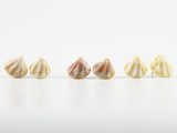 Selection of three shell shaped flameworked glass earring studs in various colours.